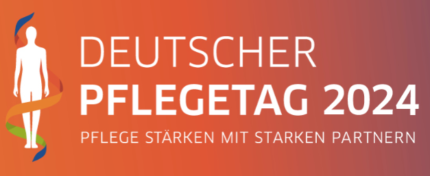 Grafik mit Logo und dem Text: Deutscher Pflegetag 2024; Pflege stärken mit starken Partnern